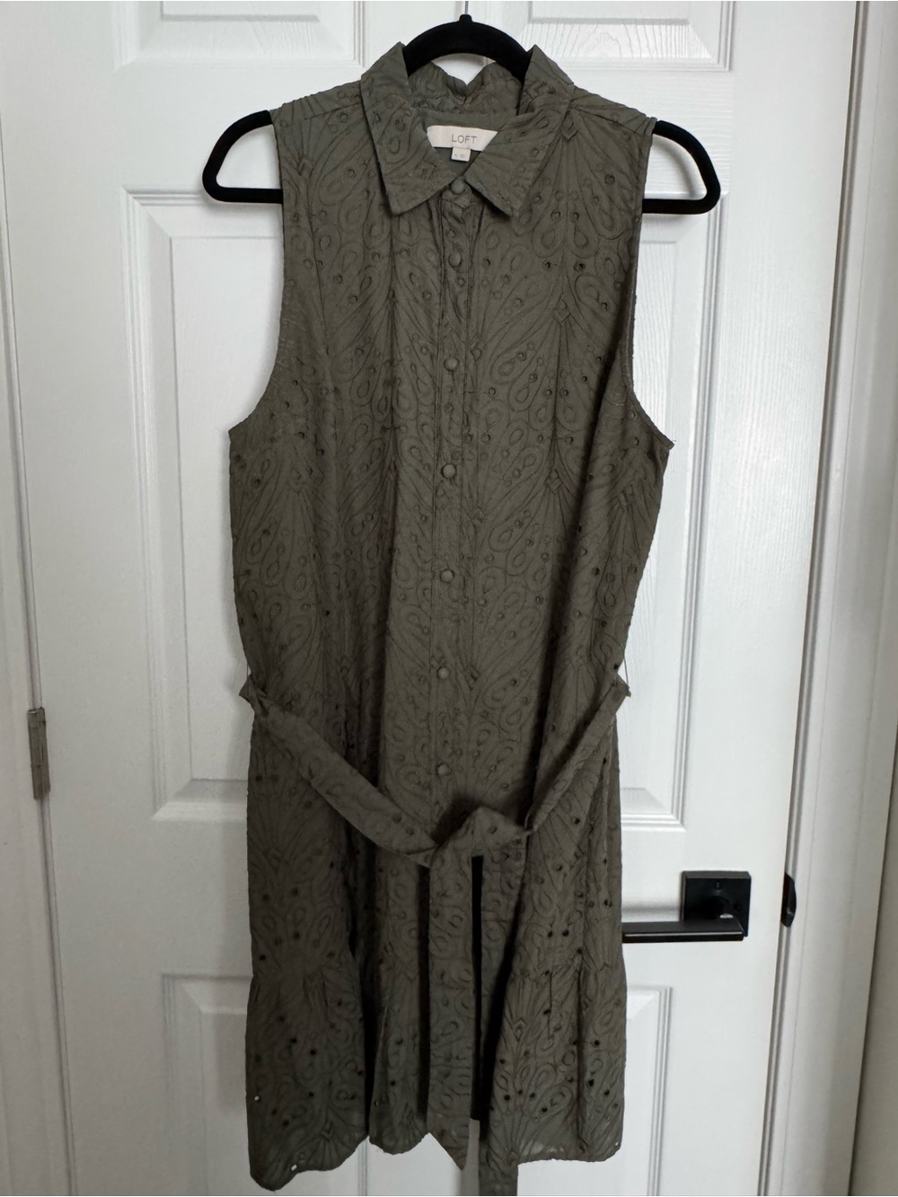 LOFT Olive Eyelet Sleeveless Shirt Dress with Tie Waist - Picture 1 of 2